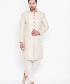 VASTRAMAY Men's Beige And Gold Embroidered Brocade Sherwani Set Sherwani/Indowestern Sets