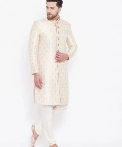 VASTRAMAY Men's Beige And Gold Embroidered Brocade Sherwani Set Sherwani/Indowestern Sets