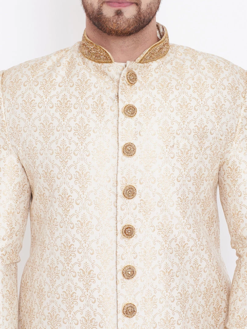 Sherwani/Indowestern Sets VASTRAMAY Men's Beige And Gold Embroidered Brocade Sherwani Top 6 Sherwani/Indowestern Sets VASTRAMAY Men's Beige And Gold Embroidered Brocade Sherwani Top