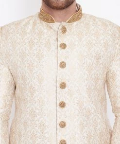 VASTRAMAY Men's Beige And Gold Embroidered Brocade Sherwani Set Sherwani/Indowestern Sets