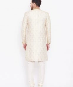 VASTRAMAY Men's Beige And Gold Embroidered Brocade Sherwani Set Sherwani/Indowestern Sets