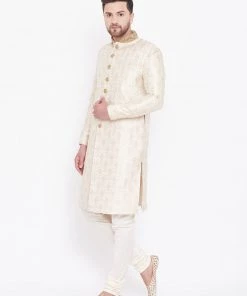 VASTRAMAY Men's Beige And Gold Embroidered Brocade Sherwani Set Sherwani/Indowestern Sets