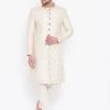 VASTRAMAY Men's Beige And Gold Embroidered Brocade Sherwani Set Sherwani/Indowestern Sets 1 VASTRAMAY Men's Beige And Gold Embroidered Brocade Sherwani Set Sherwani/Indowestern Sets
