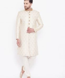 VASTRAMAY Men's Beige And Gold Embroidered Brocade Sherwani Set Sherwani/Indowestern Sets