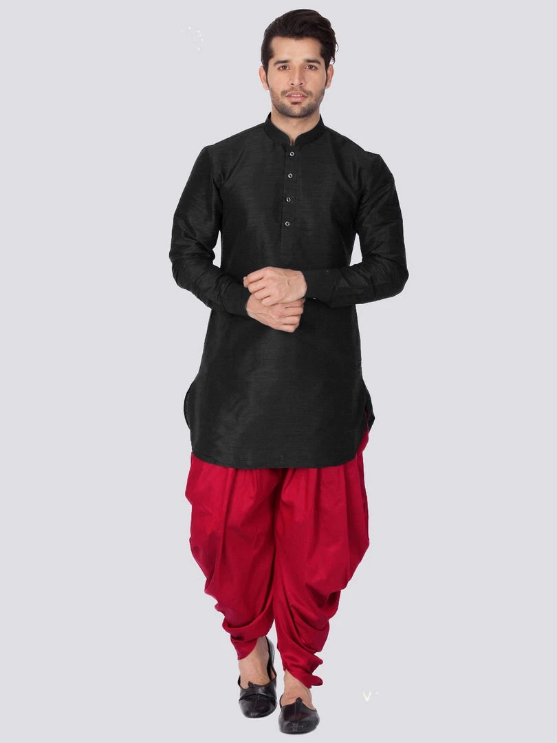 Vastramay Men's Black Silk Blend Kurta And Dhoti Pant Set 3 Vastramay Men's Black Silk Blend Kurta And Dhoti Pant Set