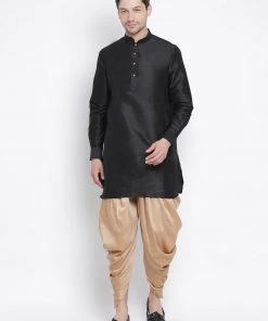 Vastramay Men's Black Silk Blend Kurta And Dhoti Pant Set