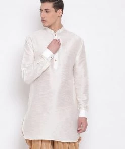 Vastramay Men's Cream Silk Blend Pathani Style Kurta
