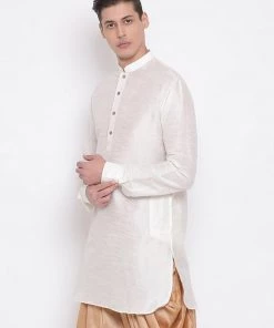 Vastramay Men's Cream Silk Blend Pathani Style Kurta