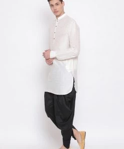 Vastramay Men's Cream Silk Blend Kurta And Black Dhoti Pant Set