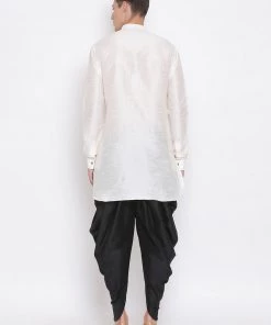 Vastramay Men's Cream Silk Blend Kurta And Black Dhoti Pant Set