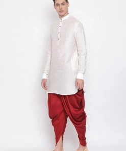 Vastramay Men's Cream Silk Blend Kurta And Dhoti Pant Set