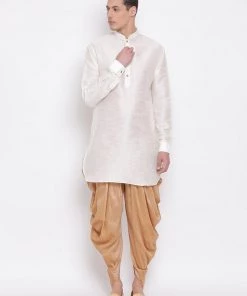 Vastramay Men's Cream Silk Blend Kurta And Dhoti Pant Set