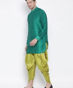 Vastramay Men's Green Silk Blend Kurta And Dhoti Pant Set