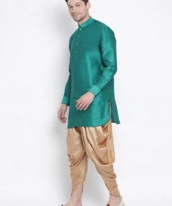 Vastramay Men's Green Silk Blend Kurta And Dhoti Pant Set
