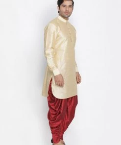 Vastramay Men's Gold Silk Blend Kurta And Dhoti Pant Set