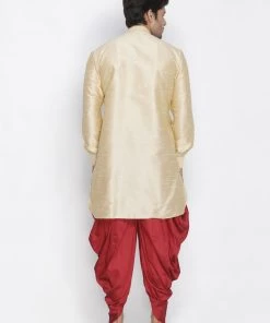 Vastramay Men's Gold Silk Blend Kurta And Dhoti Pant Set