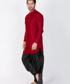 Vastramay Men's Maroon Silk Blend Kurta And Dhoti Pant Set