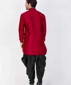 Vastramay Men's Maroon Silk Blend Kurta And Dhoti Pant Set