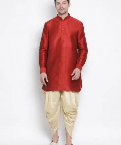 Vastramay Men's Maroon Silk Blend Kurta And Dhoti Pant Set