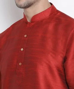 Vastramay Men's Maroon Silk Blend Kurta And Dhoti Pant Set
