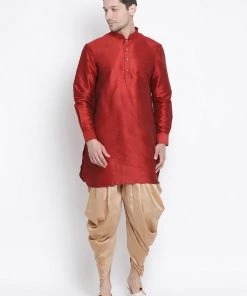 Vastramay Men's Maroon Silk Blend Kurta And Dhoti Pant Set
