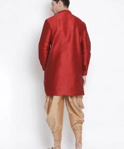 Vastramay Men's Maroon Silk Blend Kurta And Dhoti Pant Set