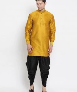 Vastramay Silk Blend Mustard And Black Baap Beta Dhoti Kurta Set