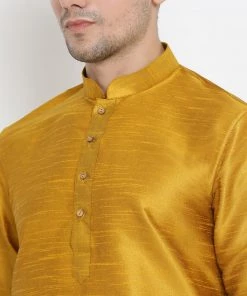 Vastramay Silk Blend Mustard And Black Baap Beta Dhoti Kurta Set