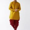 VASTRAMAY Men's Mustard And Maroon Silk Blend Kurta And Dhoti Set