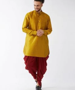 VASTRAMAY Men's Mustard And Maroon Silk Blend Kurta And Dhoti Set