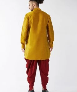 VASTRAMAY Men's Mustard And Maroon Silk Blend Kurta And Dhoti Set