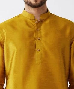 VASTRAMAY Men's Mustard And Maroon Silk Blend Kurta And Dhoti Set