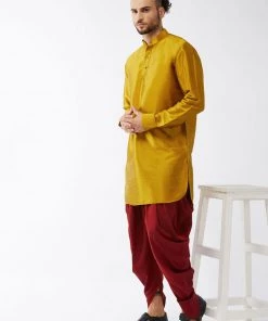 VASTRAMAY Men's Mustard And Maroon Silk Blend Kurta And Dhoti Set