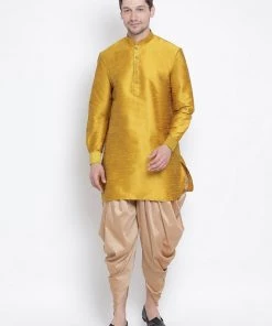 Vastramay Men's Mustard Silk Blend Kurta And Dhoti Pant Set