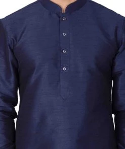 Vastramay Men's Navy Blue Silk Blend Kurta