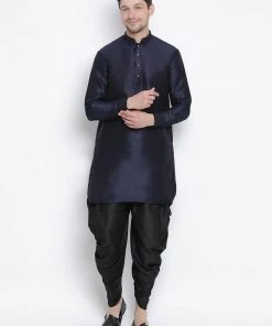 Vastramay Men's Navy Blue Silk Blend Kurta And Dhoti Pant Set