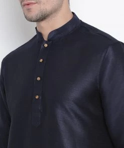 Vastramay Men's Navy Blue Silk Blend Kurta And Dhoti Pant Set