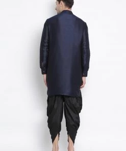 Vastramay Men's Navy Blue Silk Blend Kurta And Dhoti Pant Set