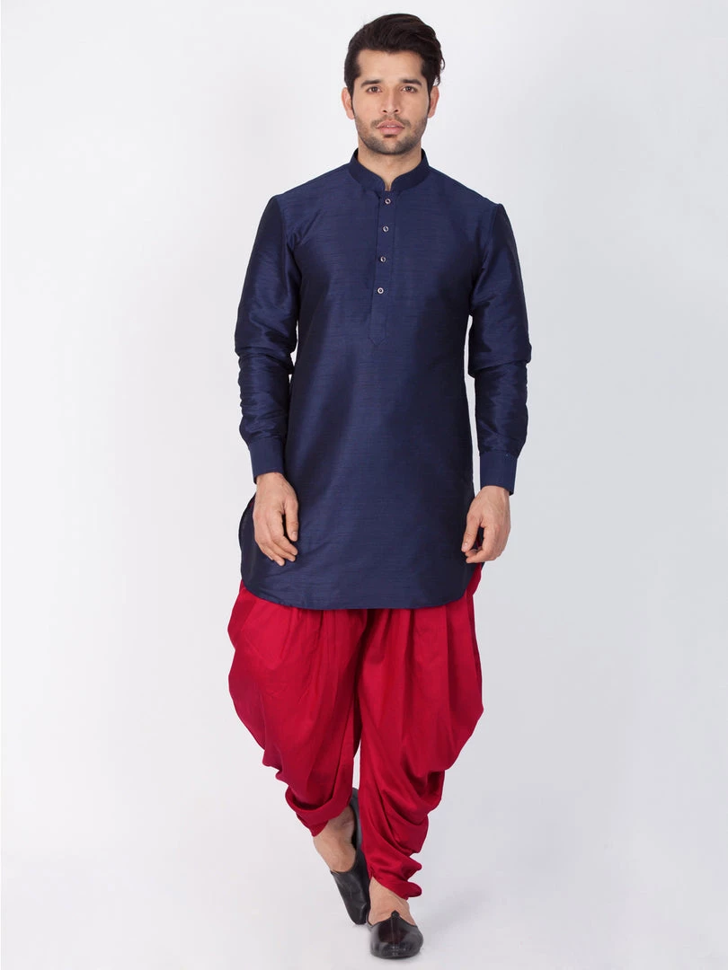Vastramay Men's Blue Silk Blend Kurta And Dhoti Pant Set 3 Vastramay Men's Blue Silk Blend Kurta And Dhoti Pant Set