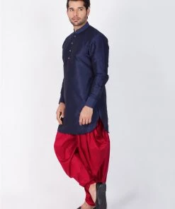 Vastramay Silk Blend Blue And Maroon Baap Beta Dhoti Kurta Set