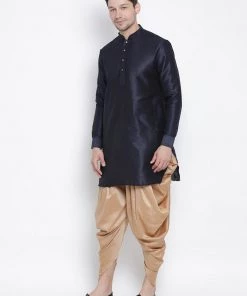 Vastramay Silk Blend Navy Blue And Rose Gold Baap Beta Dhoti Kurta Set
