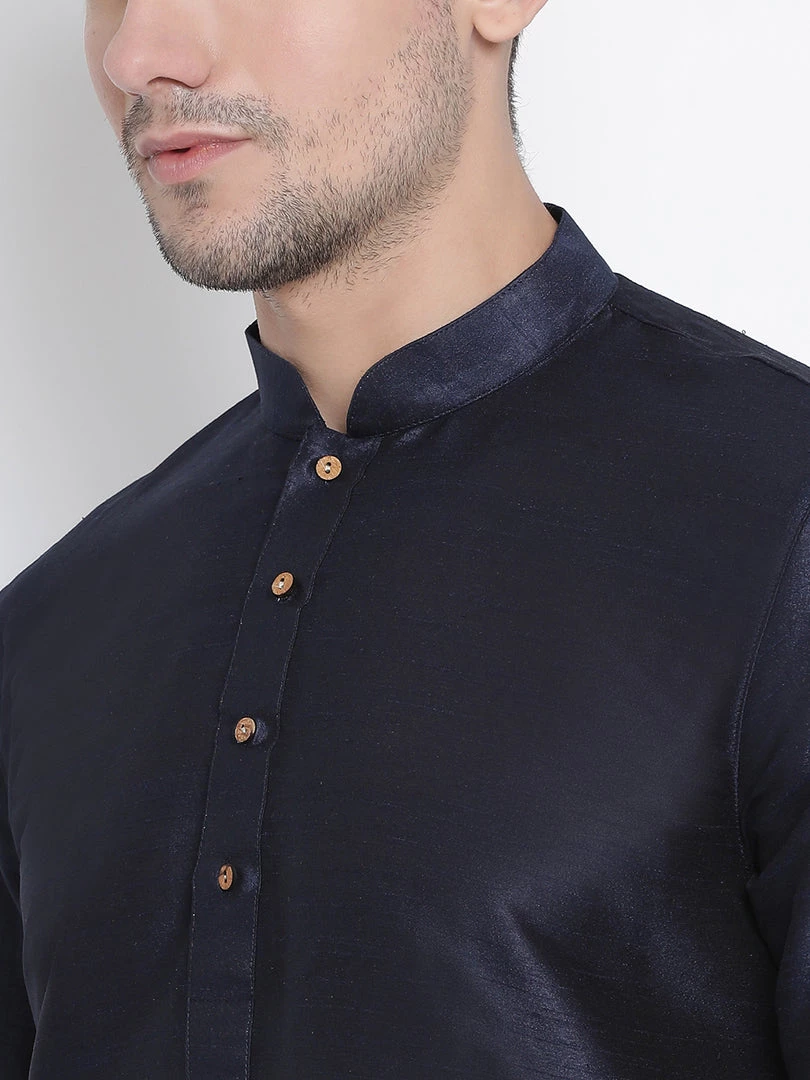 Vastramay Men's Navy Blue Silk Blend Kurta And Dhoti Pant Set 6 Vastramay Men's Navy Blue Silk Blend Kurta And Dhoti Pant Set
