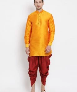 Vastramay Men's Orange Silk Blend Kurta And Dhoti Pant Set