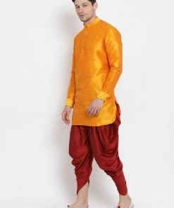 Vastramay Men's Orange Silk Blend Kurta And Dhoti Pant Set