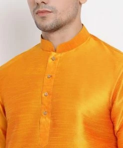 Vastramay Men's Orange Silk Blend Kurta And Dhoti Pant Set
