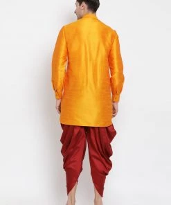 Vastramay Silk Blend Orange And Maroon Baap Beta Dhoti Kurta Set