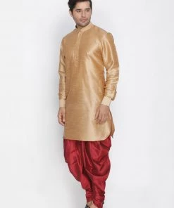 Vastramay Silk Blend Rose Gold And Maroon Baap Beta Dhoti Kurta Set