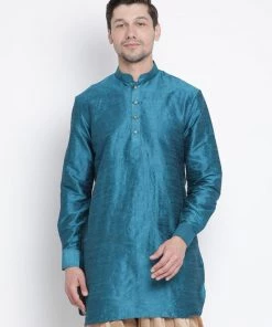 Vastramay Men's Turquoise Silk Blend Kurta