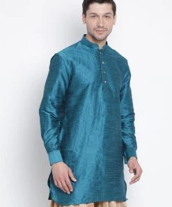 Vastramay Men's Turquoise Silk Blend Kurta