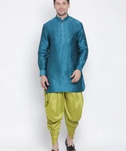 Vastramay Men's Turquoise Silk Blend Kurta And Dhoti Pant Set